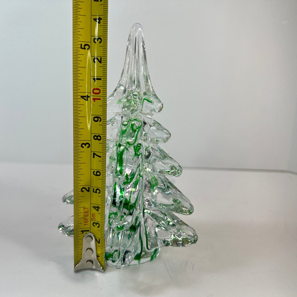 Art Glass Christmas Tree Figurine Clear with Green Swirl 5.25 Inch Holiday Decor - Picture 4 of 9